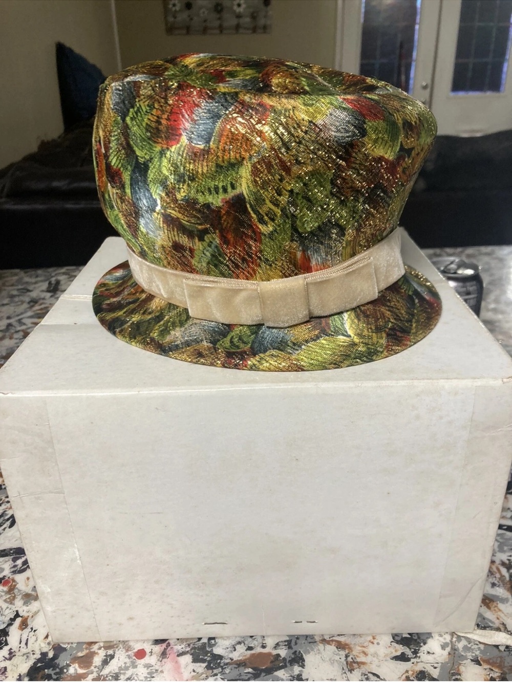Multicolor Velvet Patterned Women's Cloche Hat with Cream Velvet Band